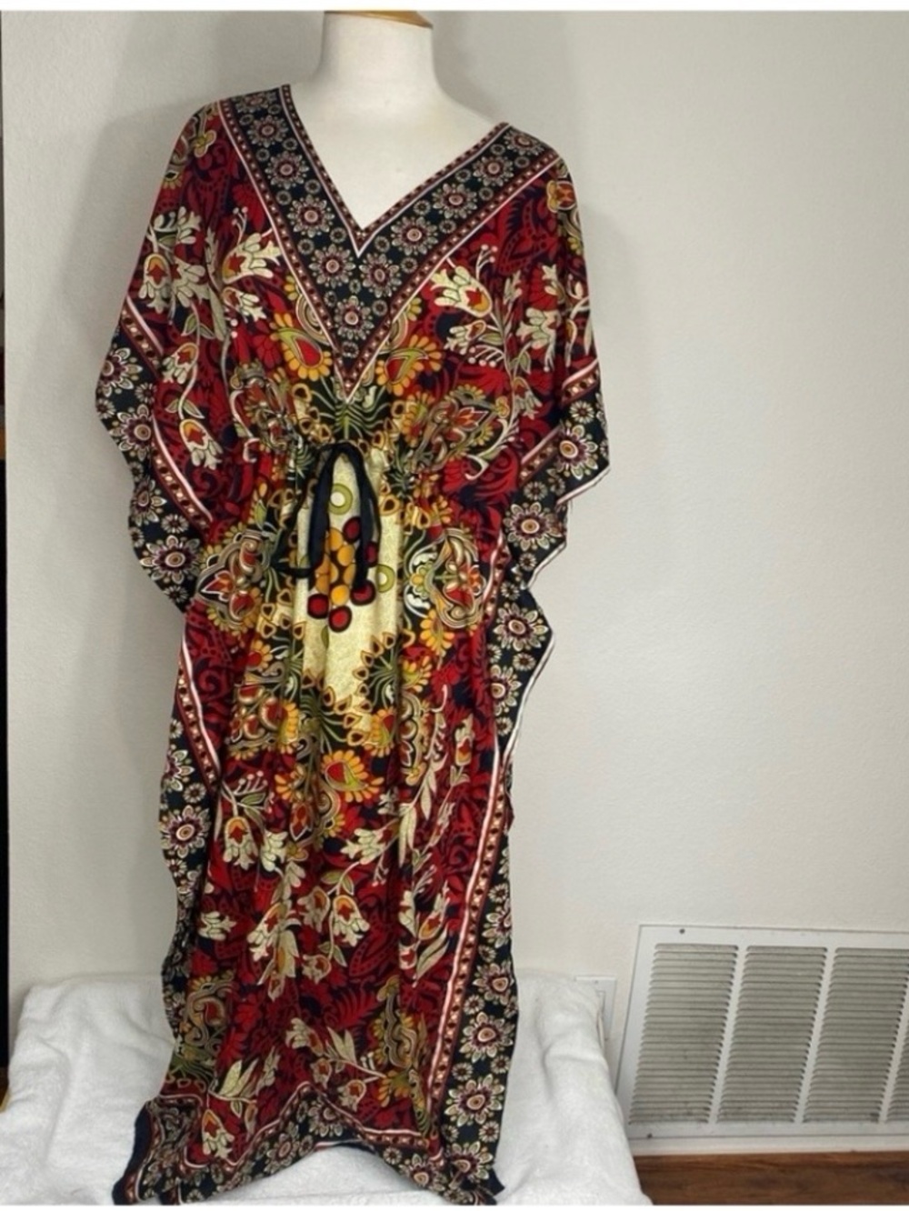 Laddi Womens Red Golden Paisley Kaftan Mumu Maxi Dress One Size Boho Cottagecore